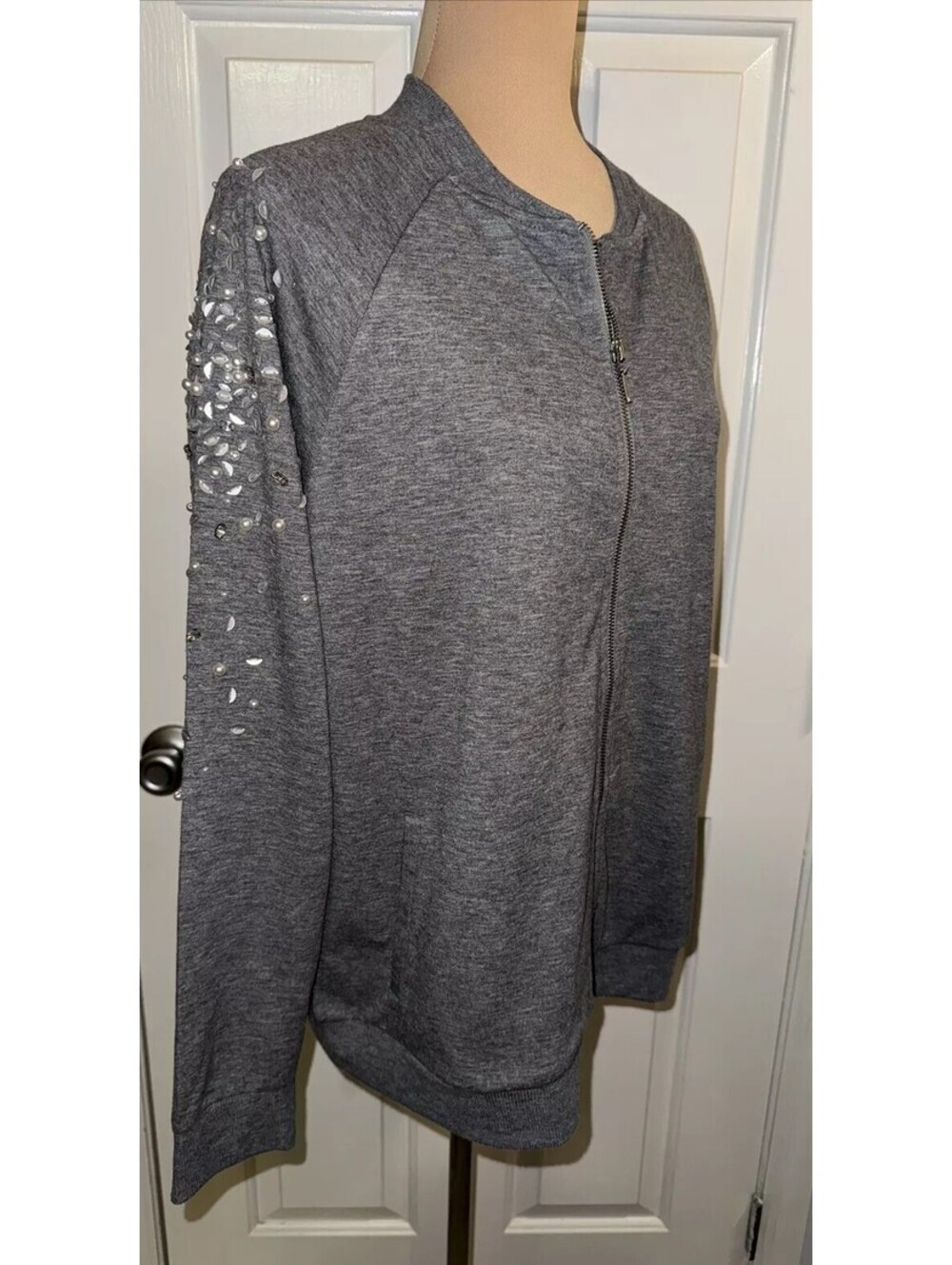 Zenergy by Chico's Size 2 Zip Up Sweater Gray With White Pearls Embellished